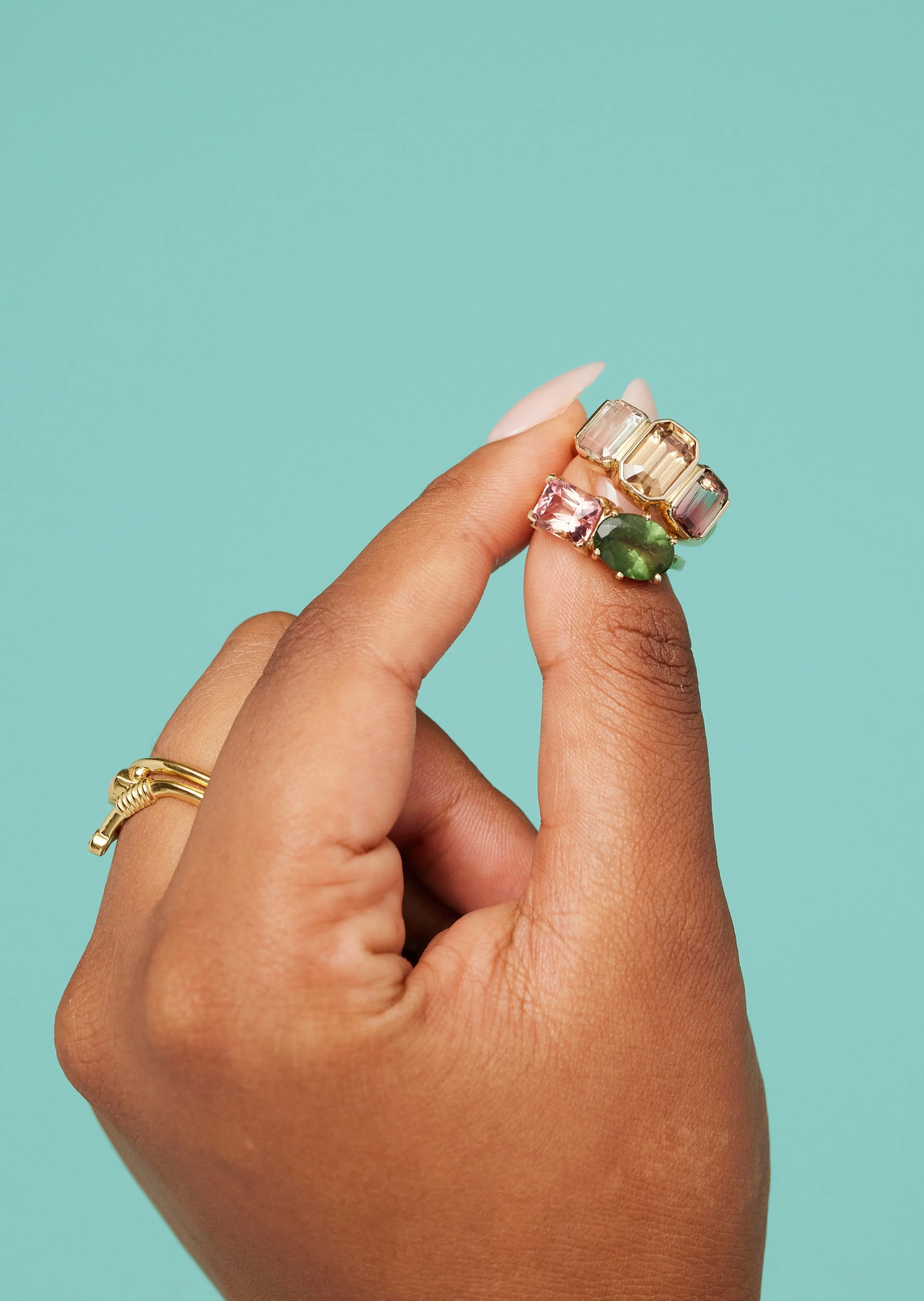 14k Yellow Watermelon Tourmaline Trilogy Band - Image 4