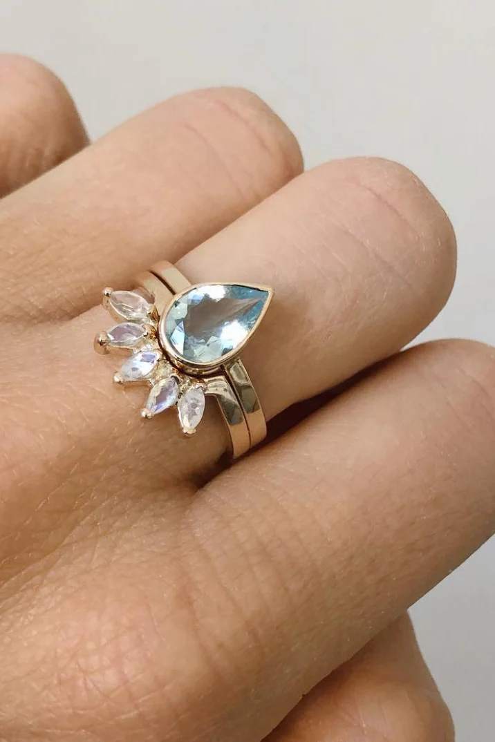 9K Yellow Gold Aquamarine Tear Drop Ring - Image 3