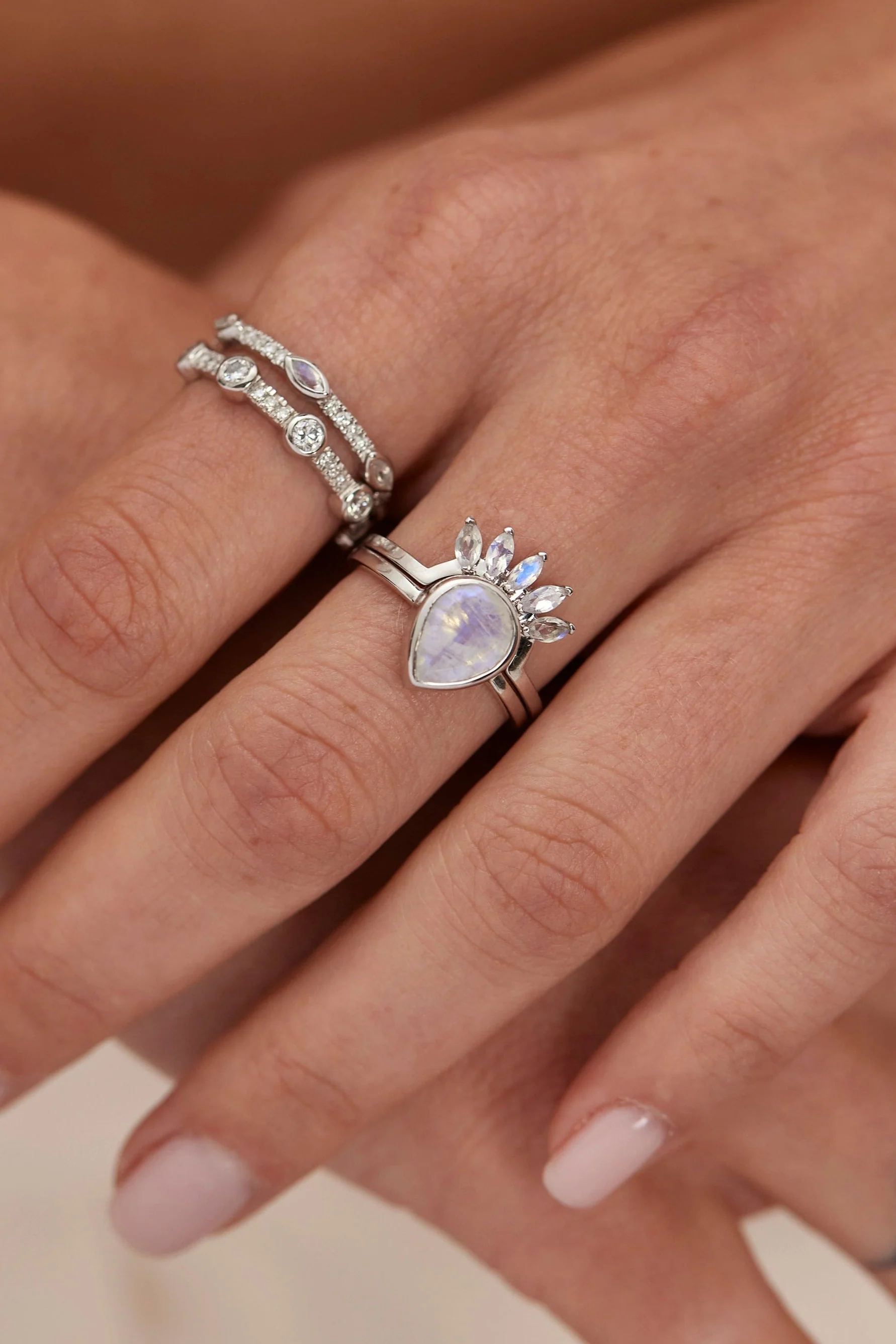 9K White Gold Double Stack Moonstone Halo - Image 5