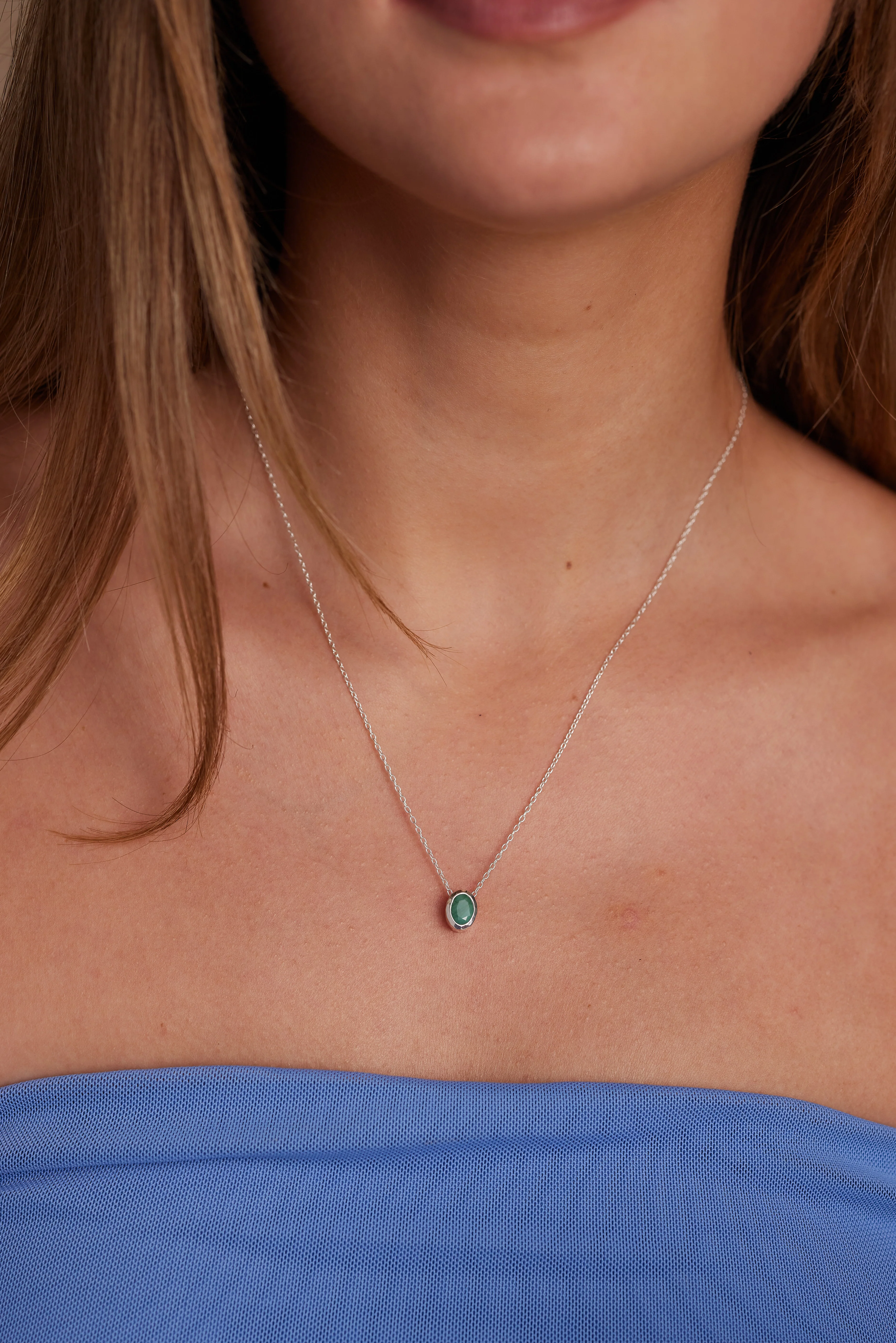 May Emerald Silver Oval Birthstone Necklace - Image 2