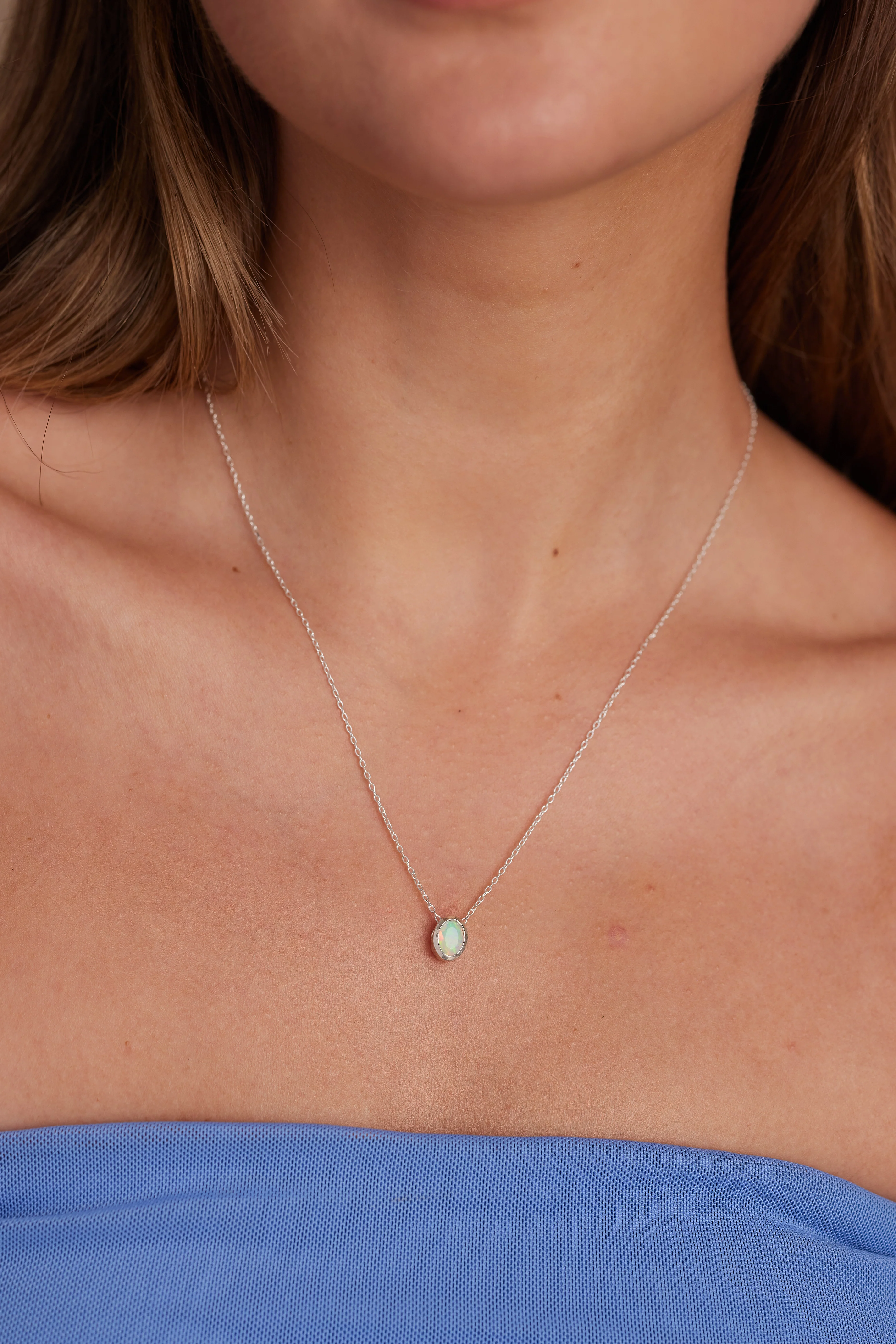 October Opal Silver Oval Birthstone Necklace - Image 2